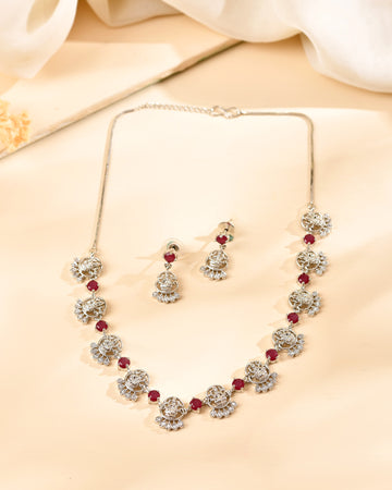 VOJ Silver Plated Ad Wine Stone Temple Jewellery Set - Dista