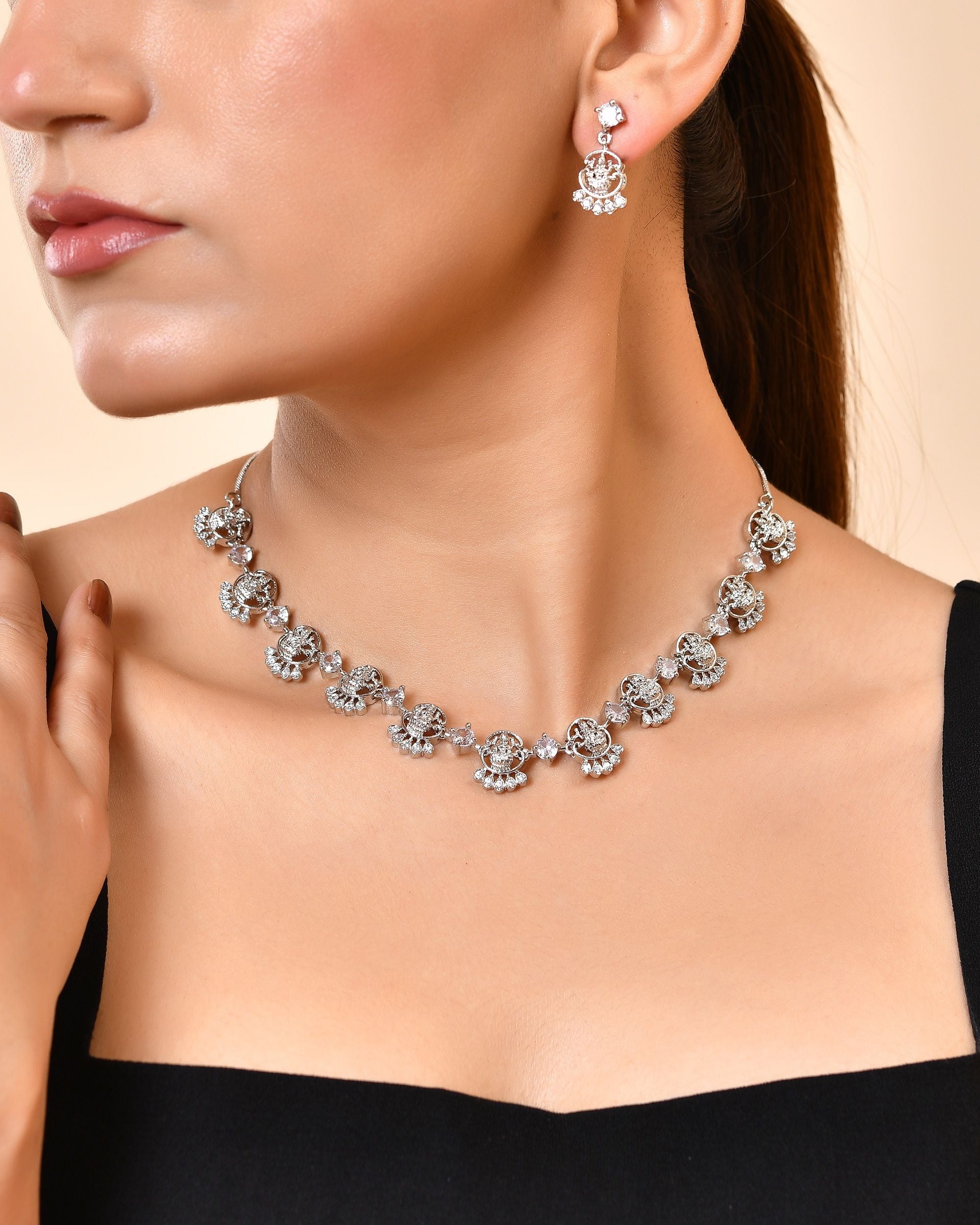 VOJ Silver Plated Ad Stone Temple Jewellery Set - Dista