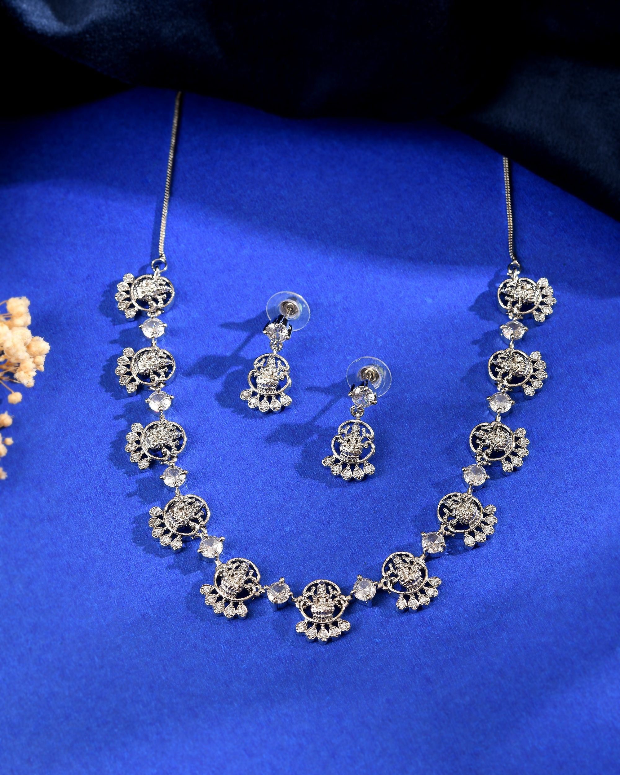 VOJ Silver Plated Ad Stone Temple Jewellery Set