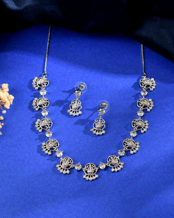 VOJ Silver Plated Ad Stone Temple Jewellery Set - Dista
