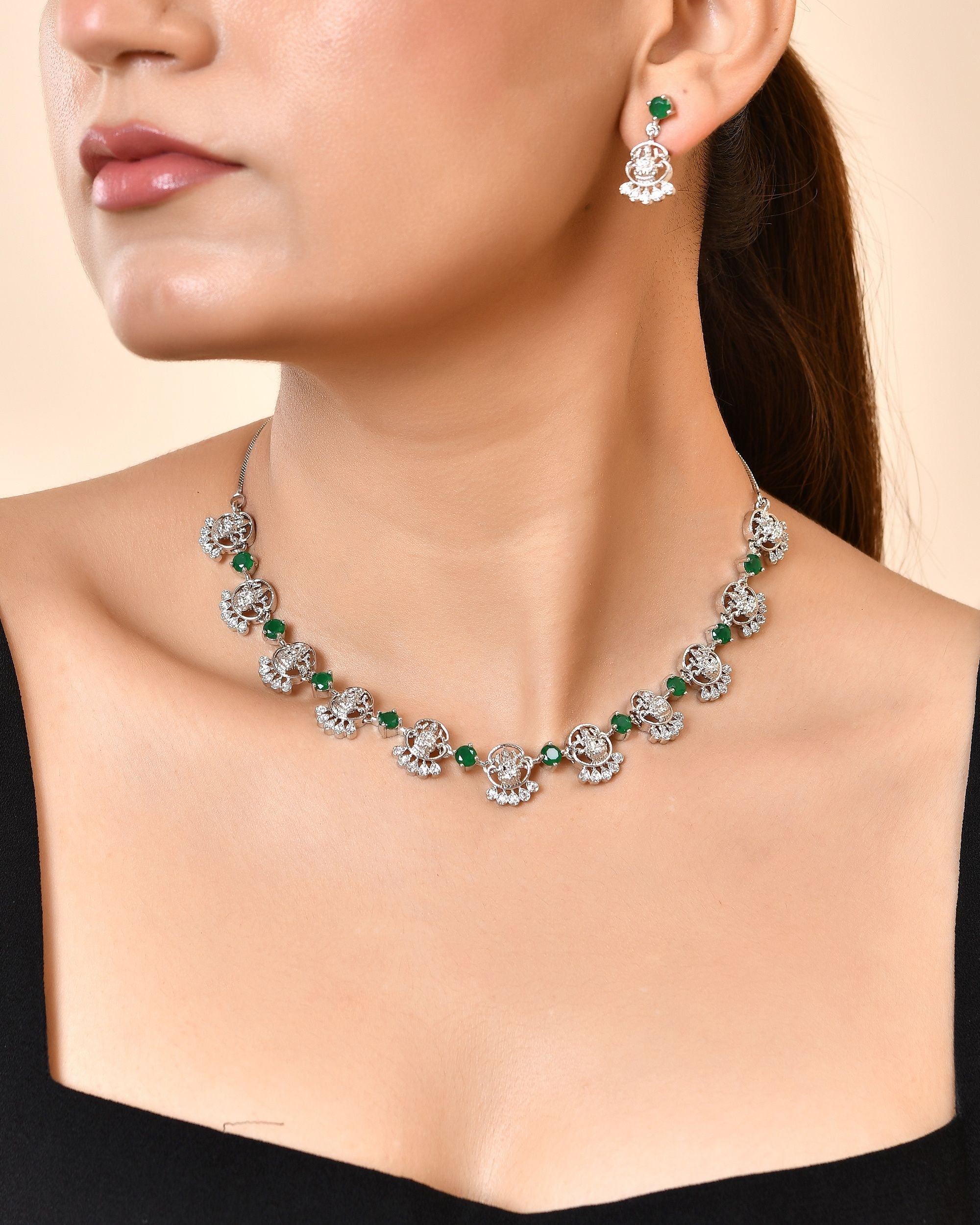 VOJ Silver Plated Ad Green Stone Temple Jewellery Set - Dista