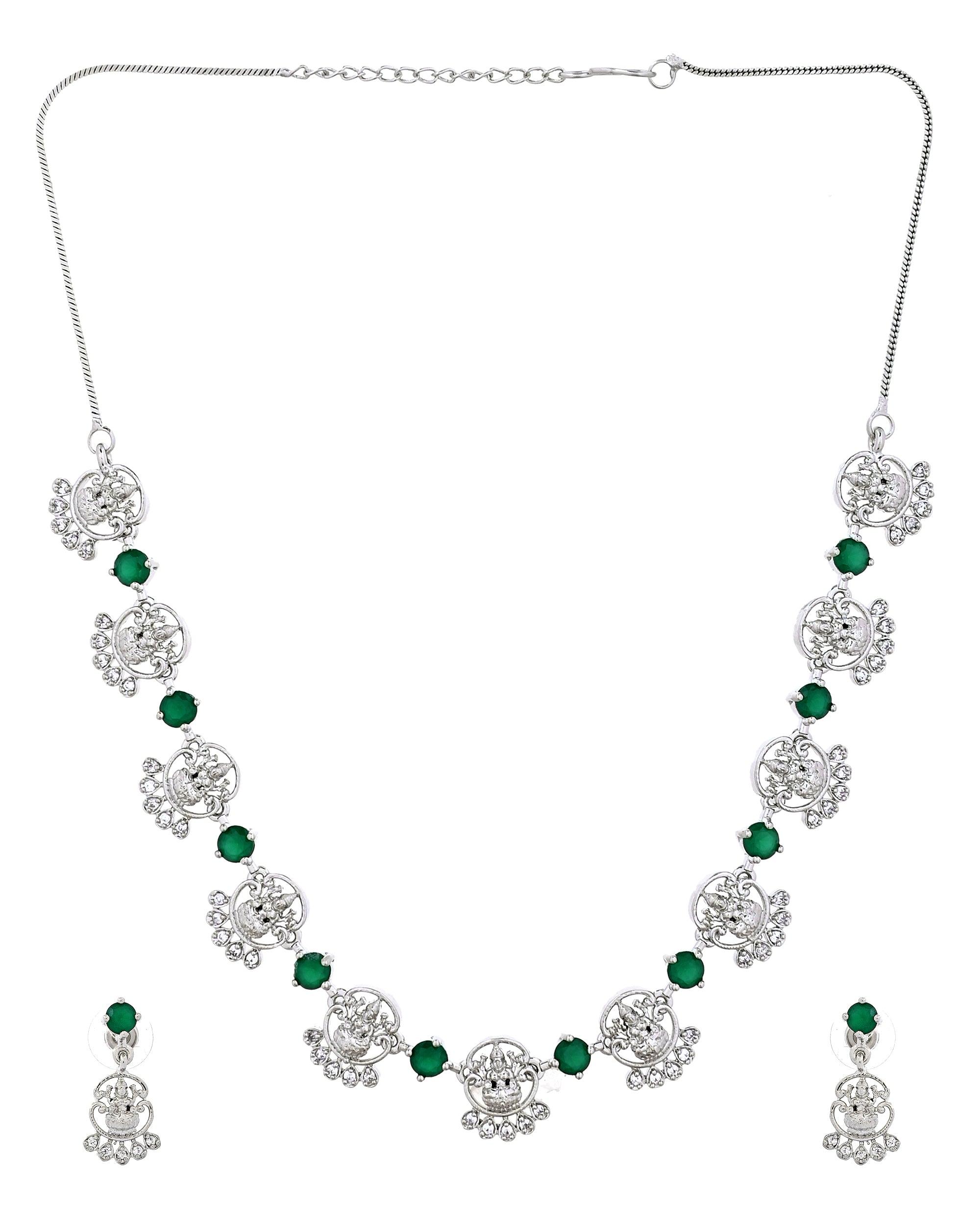 VOJ Silver Plated Ad Green Stone Temple Jewellery Set - Dista