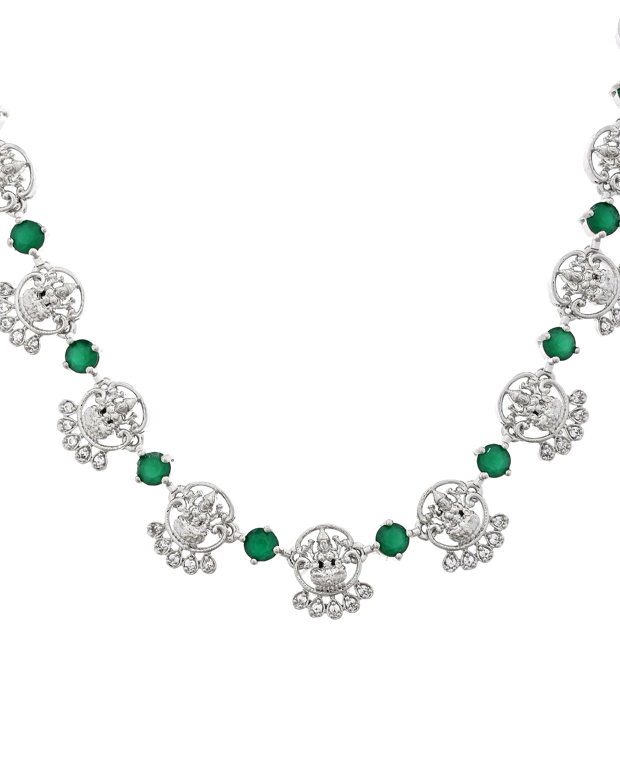 VOJ Silver Plated Ad Green Stone Temple Jewellery Set - Dista