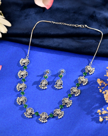 VOJ Silver Plated Ad Green Stone Temple Jewellery Set - Dista