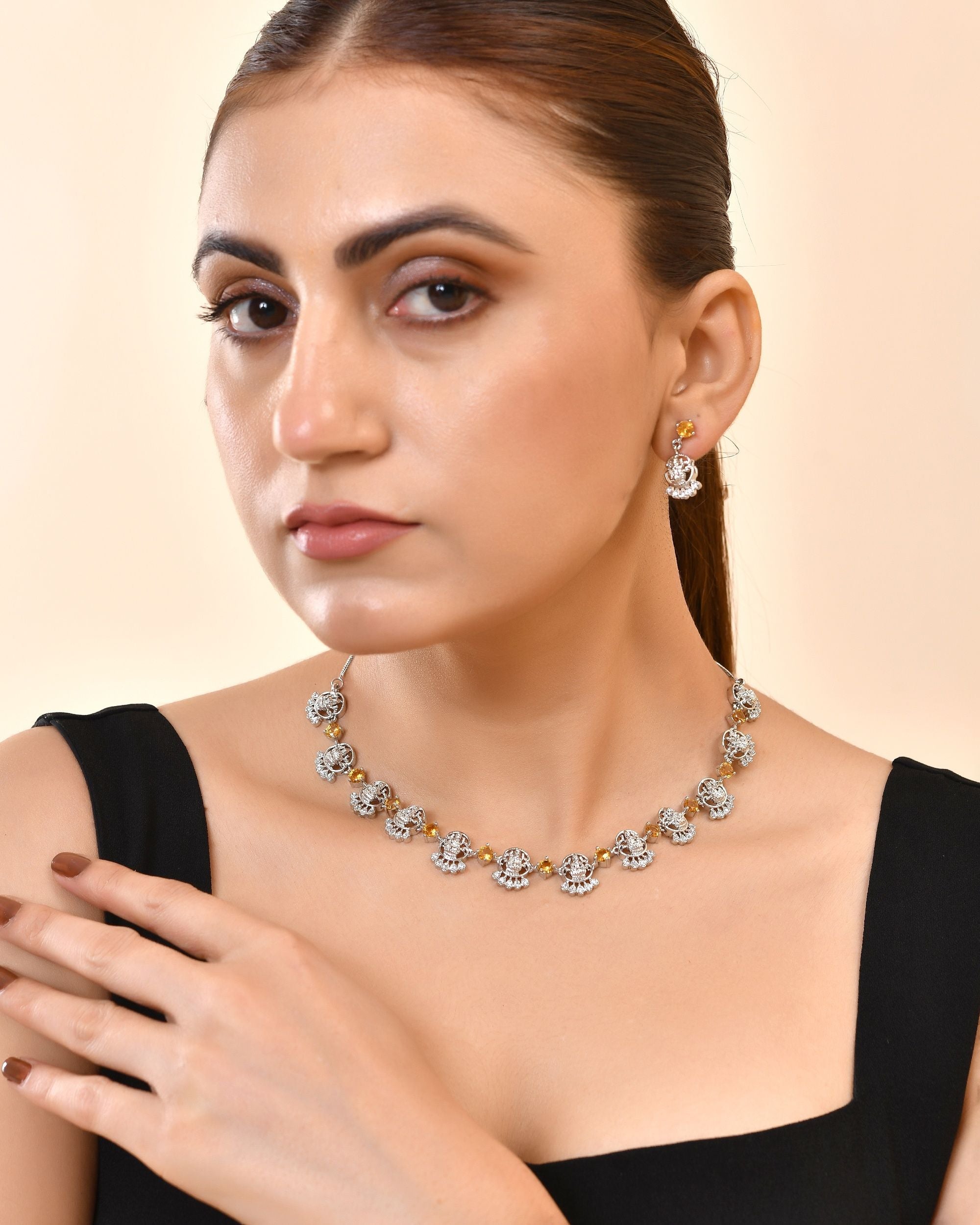 VOJ Silver Plated Ad Yellow Stone Temple Jewellery Set - Dista