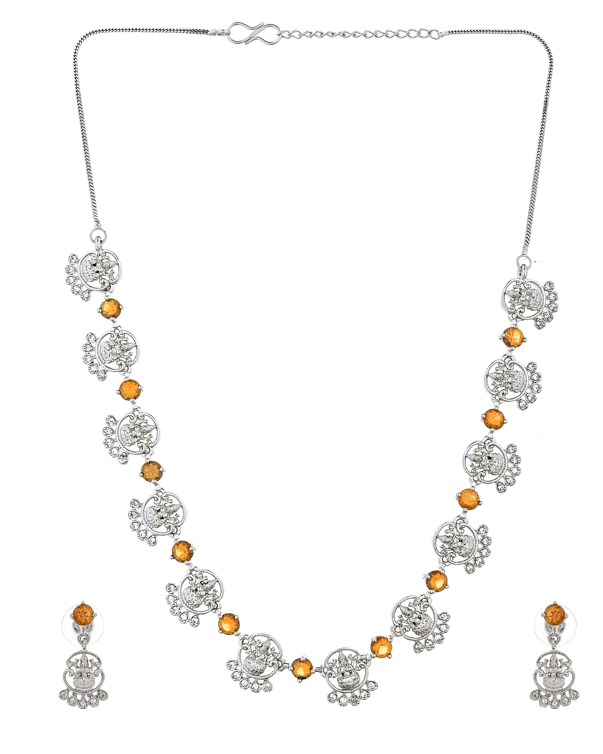 VOJ Silver Plated Ad Yellow Stone Temple Jewellery Set - Dista