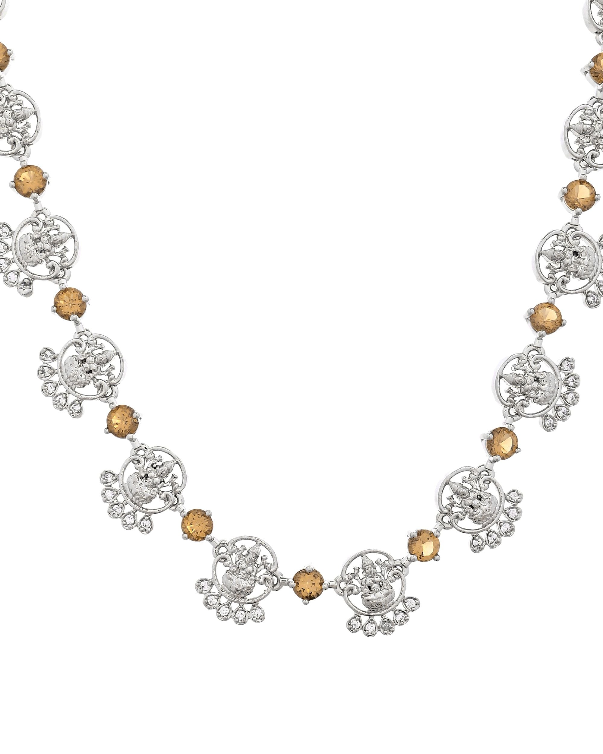 VOJ Silver Plated Ad Yellow Stone Temple Jewellery Set - Dista