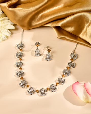 VOJ Silver Plated Ad Yellow Stone Temple Jewellery Set - Dista