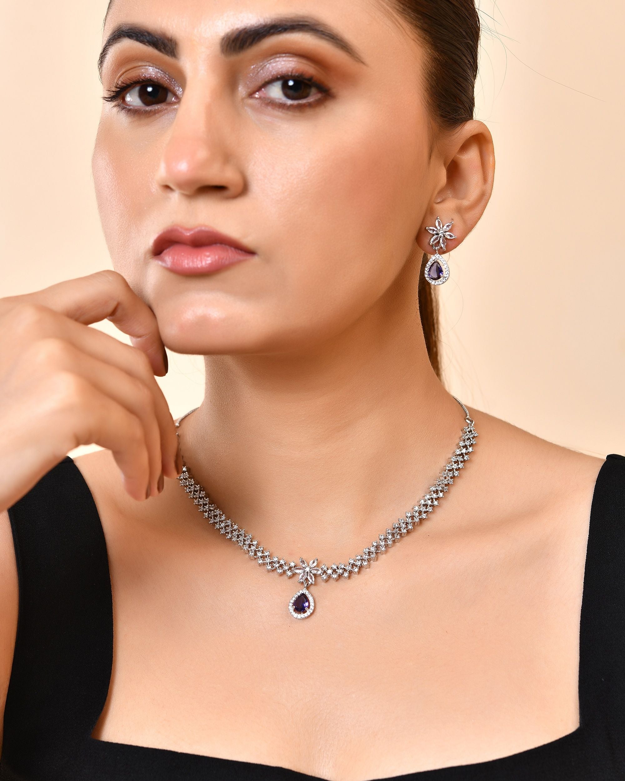 VOJ Silver Plated Purple Drop Shaped Ad Jewellery Set - Dista