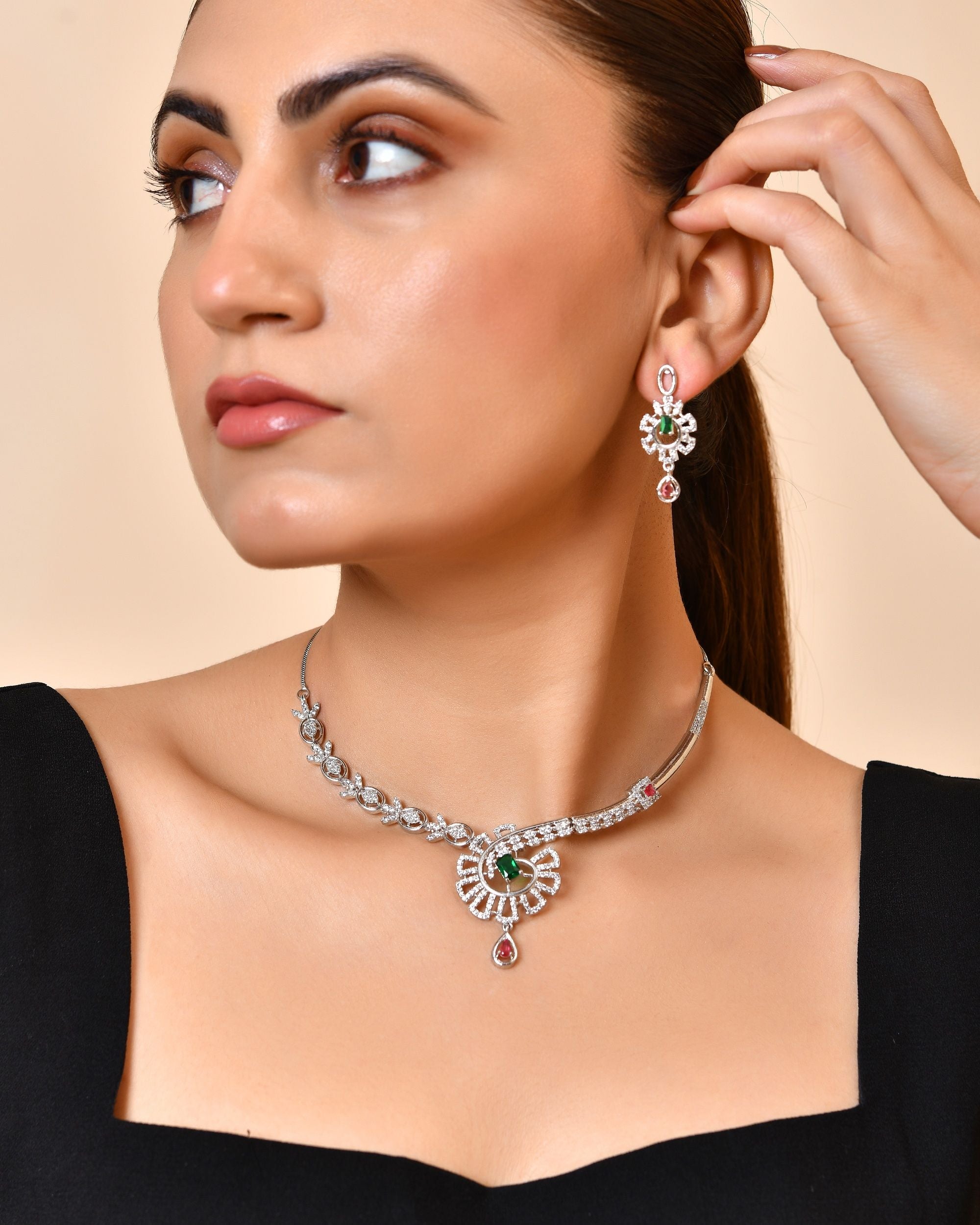 VOJ Silver Plated Ad Stone Studded Designer Necklace Set - Dista