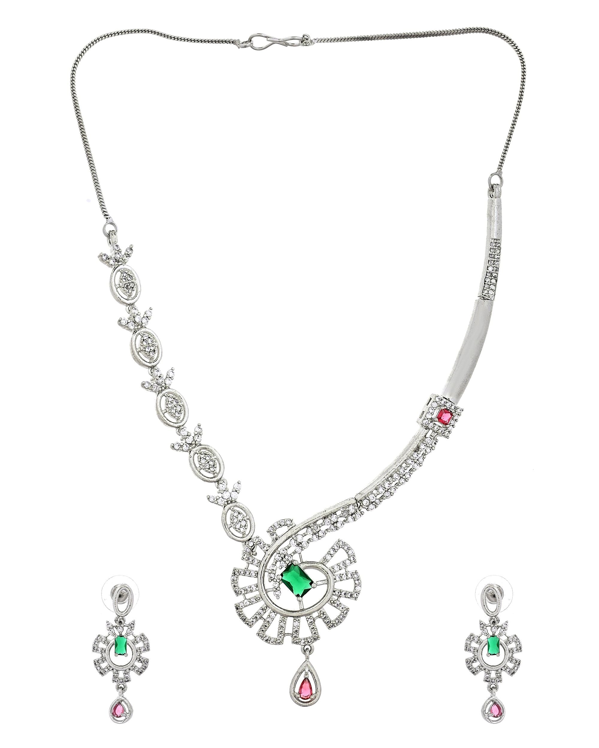 VOJ Silver Plated Ad Stone Studded Designer Necklace Set - Dista
