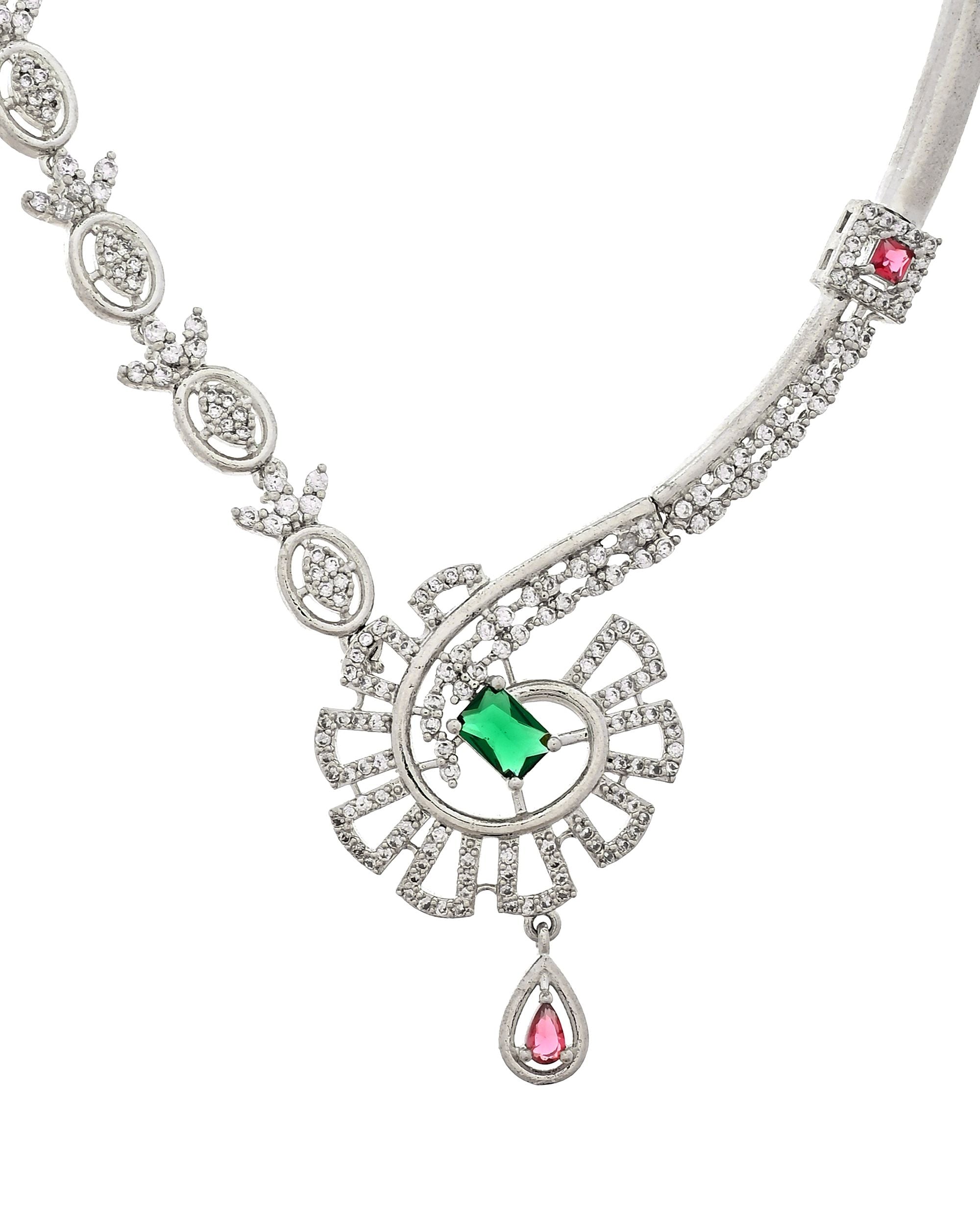 VOJ Silver Plated Ad Stone Studded Designer Necklace Set - Dista