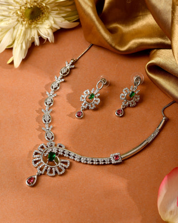 VOJ Silver Plated Ad Stone Studded Designer Necklace Set - Dista