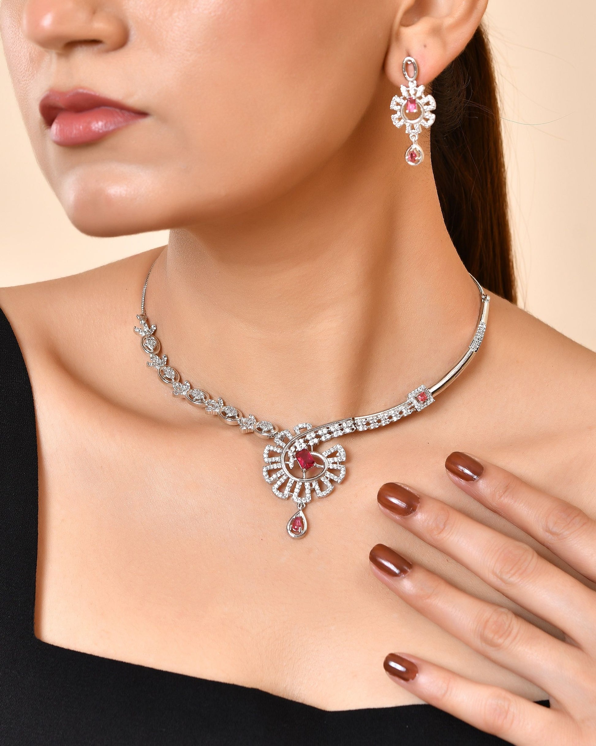 VOJ Silver Plated Ruby Red Ad Stone Studded Designer Necklace Set - Dista