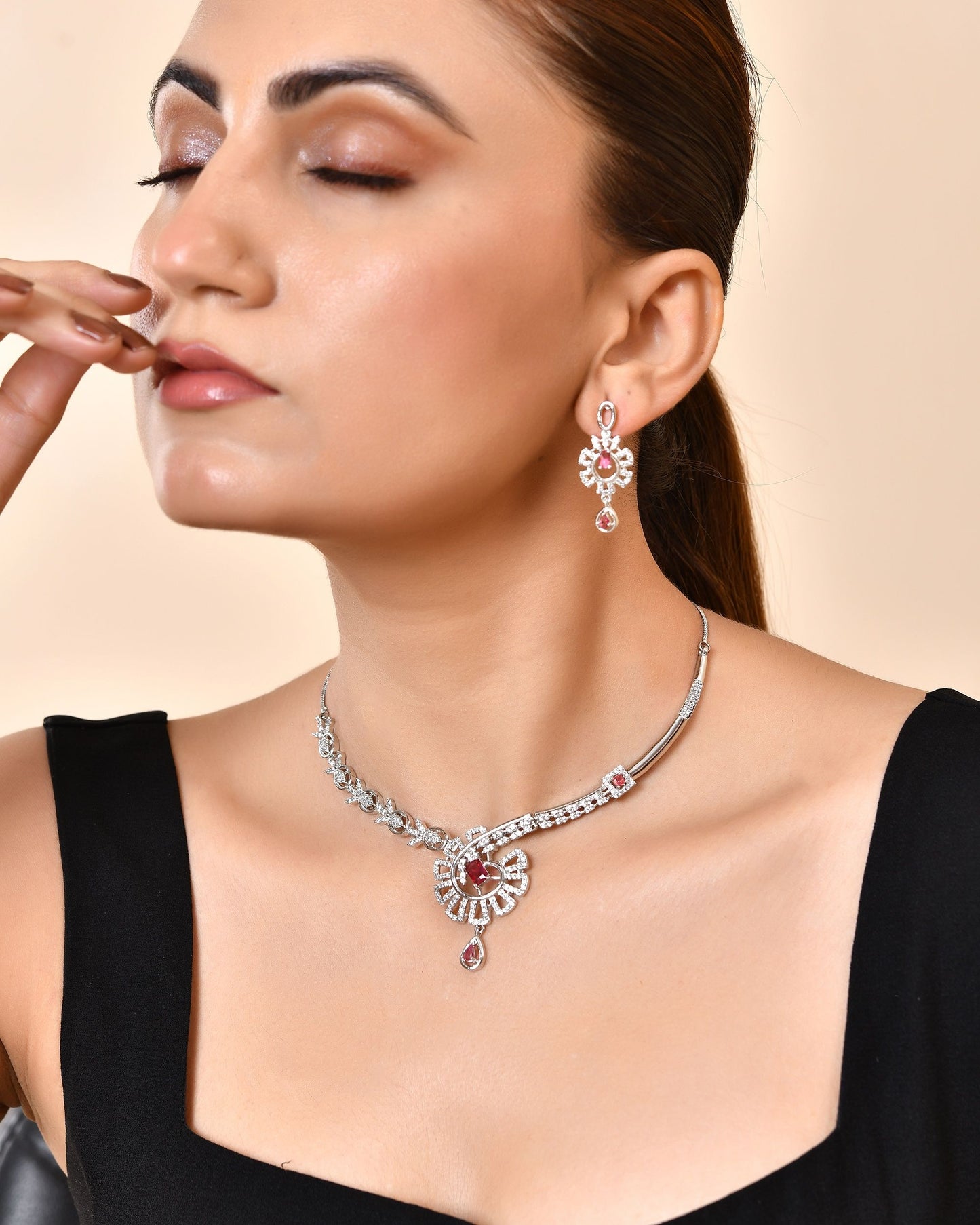 VOJ Silver Plated Ruby Red Ad Stone Studded Designer Necklace Set - Dista