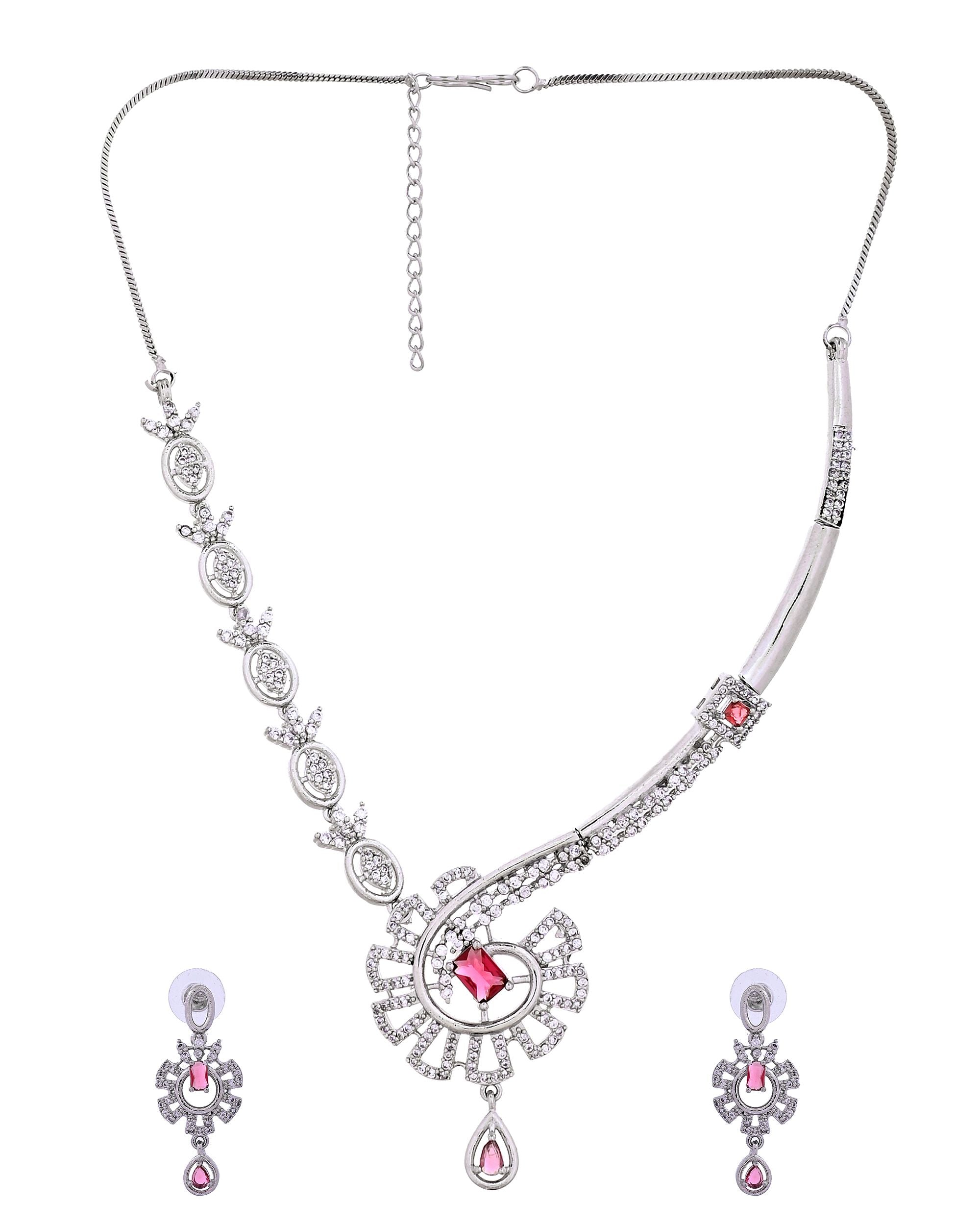 VOJ Silver Plated Ruby Red Ad Stone Studded Designer Necklace Set