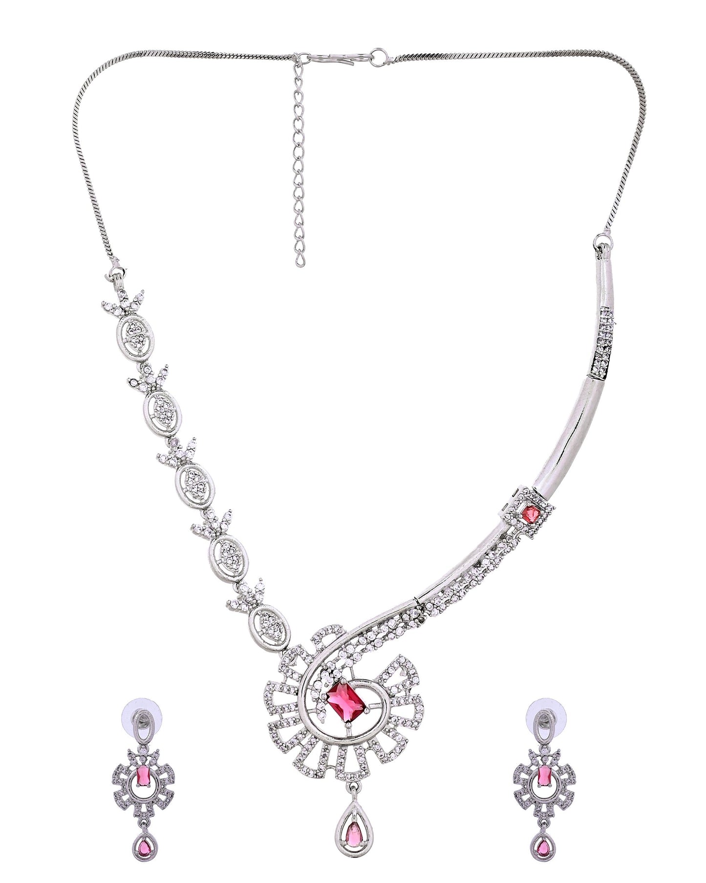 VOJ Silver Plated Ruby Red Ad Stone Studded Designer Necklace Set - Dista