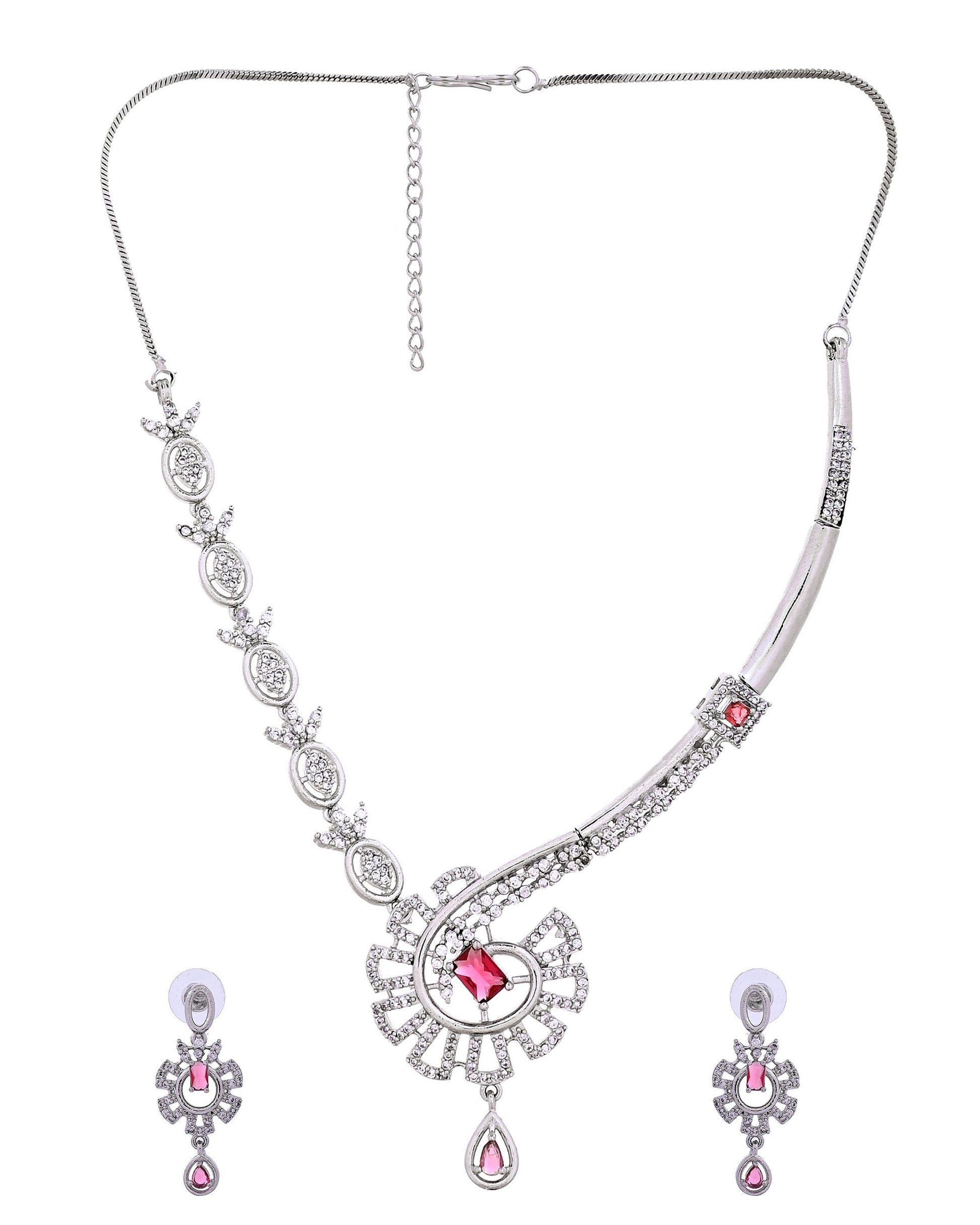 VOJ Silver Plated Ruby Red Ad Stone Studded Designer Necklace Set - Dista