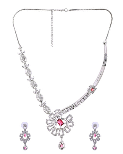 VOJ Silver Plated Ruby Red Ad Stone Studded Designer Necklace Set - Dista