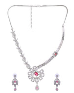 Thumbnail for VOJ Silver Plated Ruby Red Ad Stone Studded Designer Necklace Set