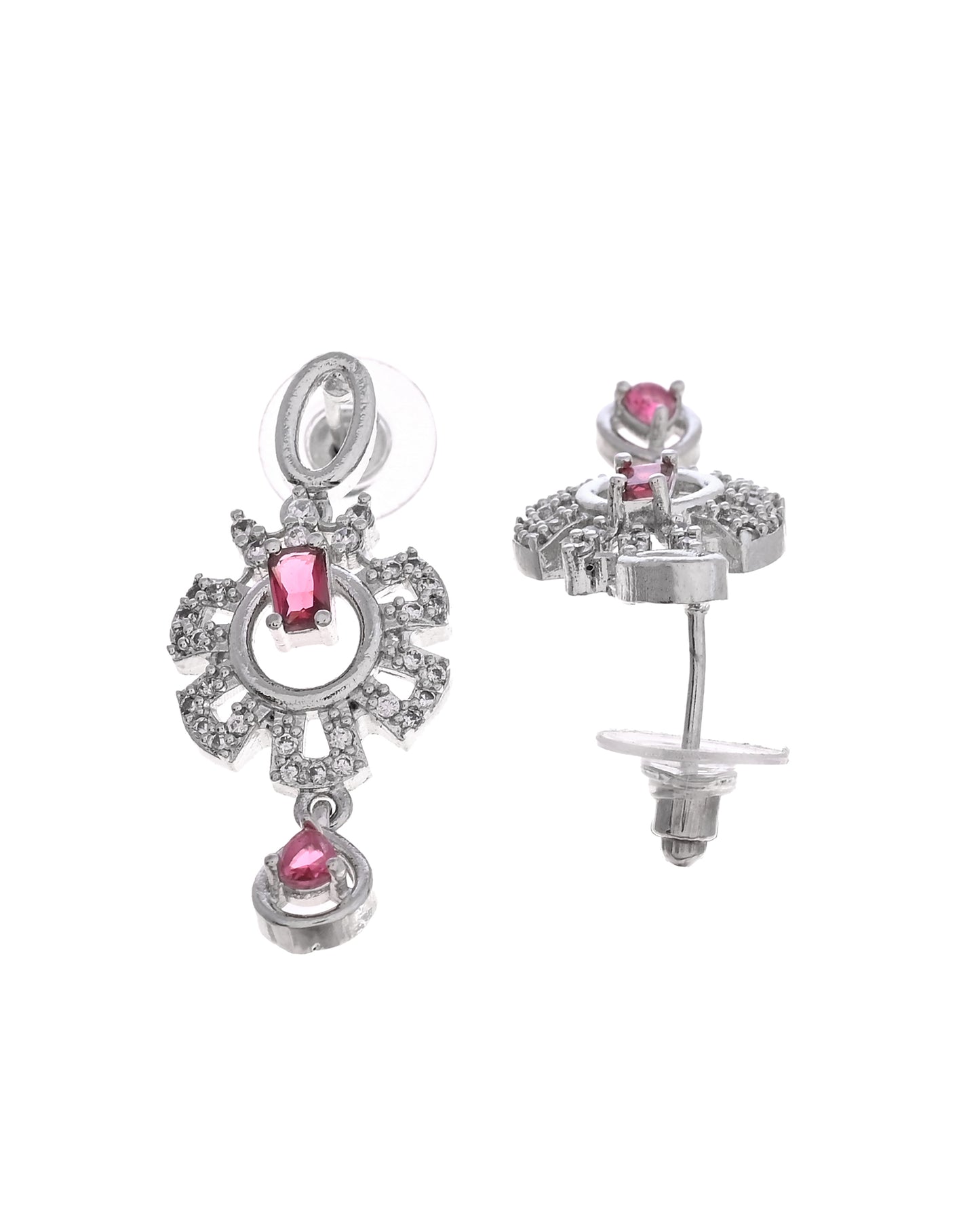 VOJ Silver Plated Ruby Red Ad Stone Studded Designer Necklace Set - Dista
