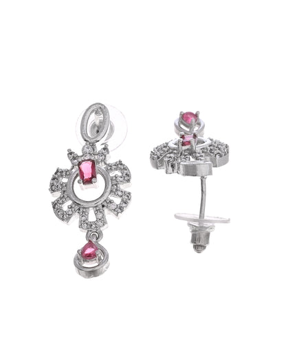 VOJ Silver Plated Ruby Red Ad Stone Studded Designer Necklace Set - Dista