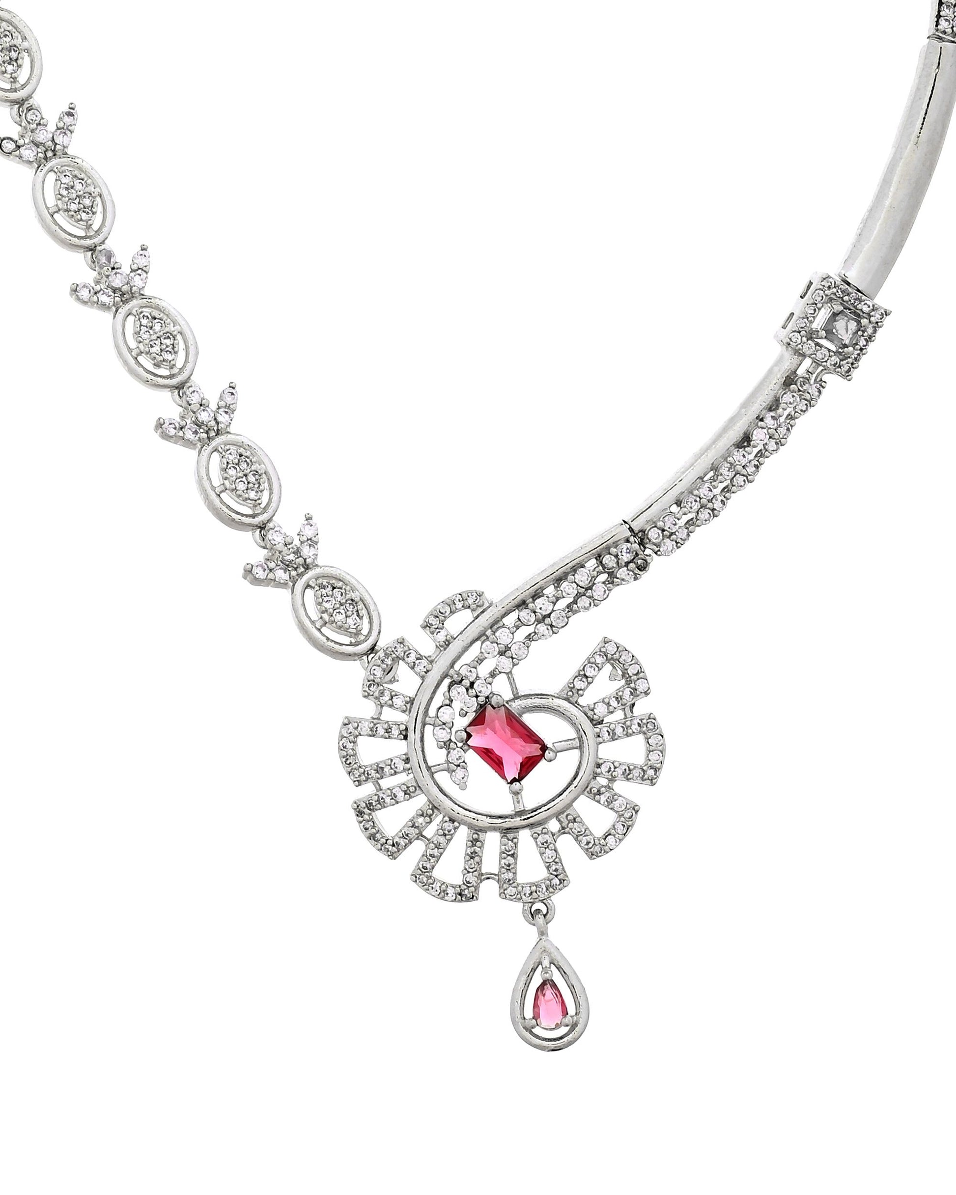 VOJ Silver Plated Ruby Red Ad Stone Studded Designer Necklace Set - Dista