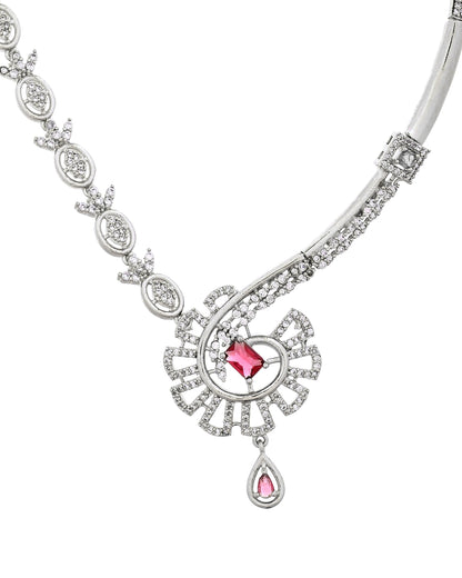 VOJ Silver Plated Ruby Red Ad Stone Studded Designer Necklace Set - Dista
