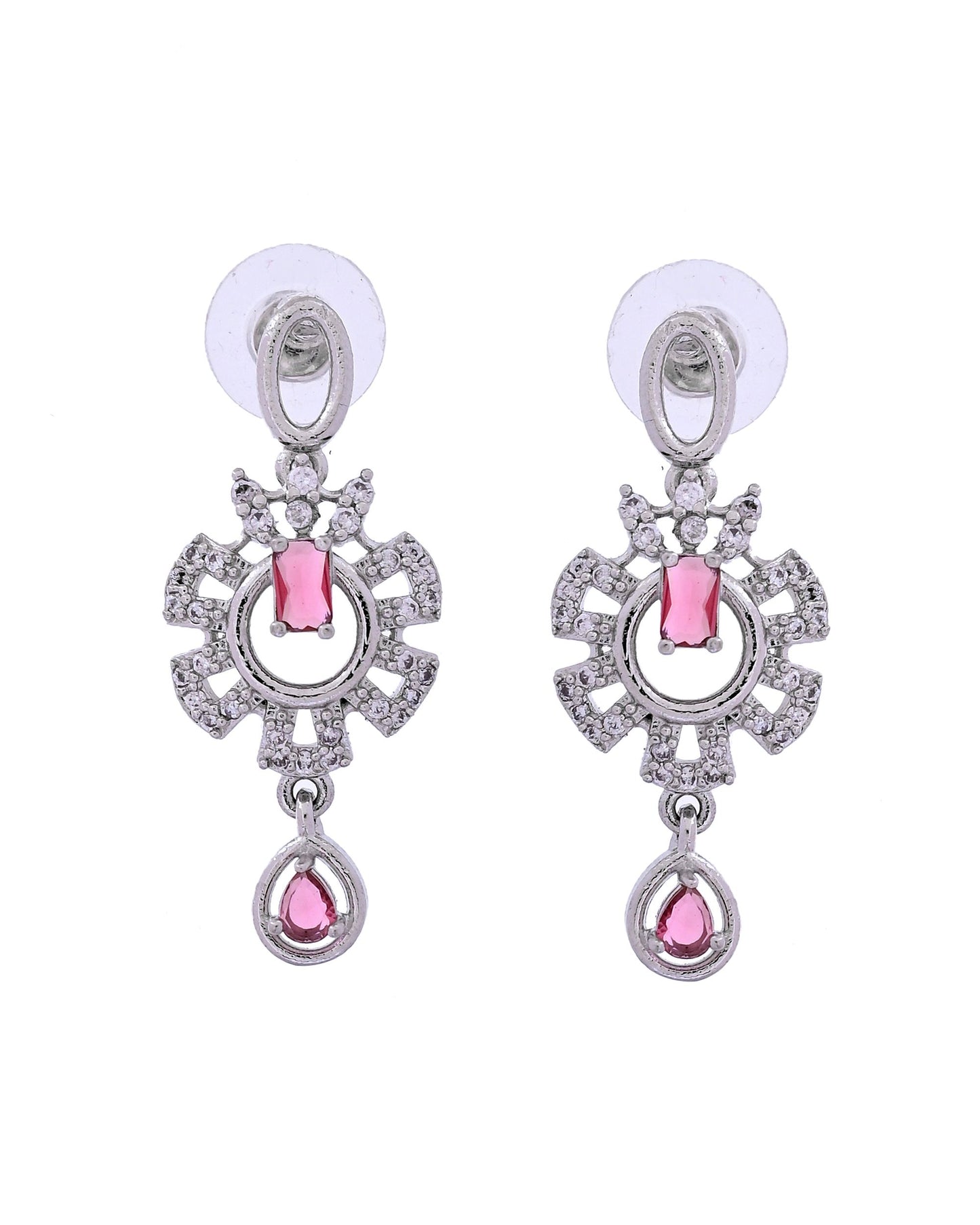 VOJ Silver Plated Ruby Red Ad Stone Studded Designer Necklace Set - Dista
