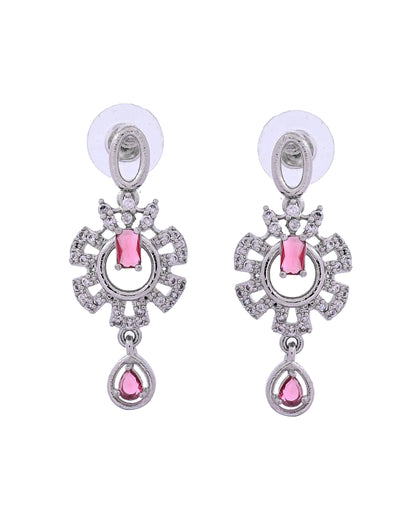 VOJ Silver Plated Ruby Red Ad Stone Studded Designer Necklace Set - Dista