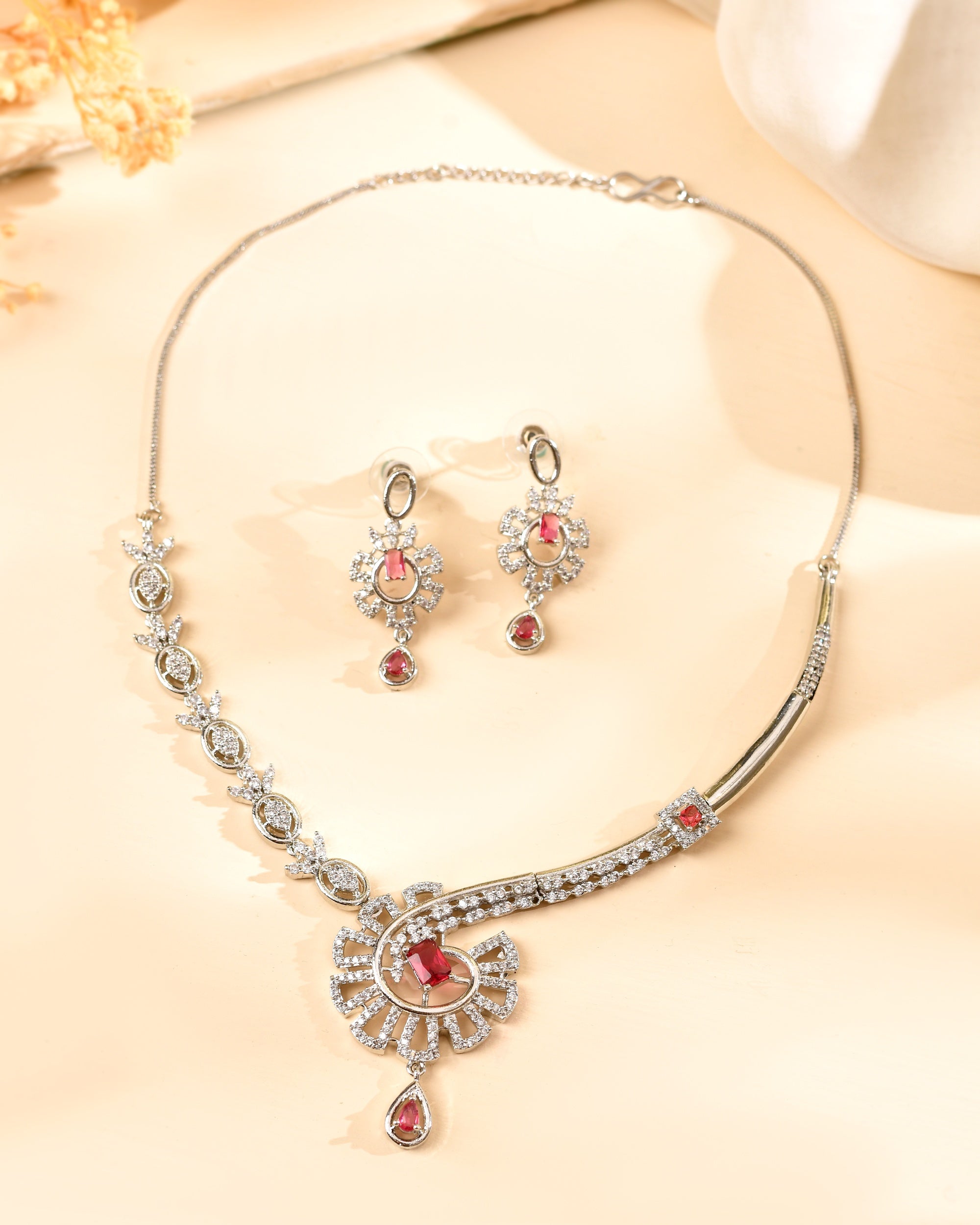 VOJ Silver Plated Ruby Red Ad Stone Studded Designer Necklace Set