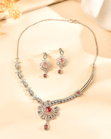VOJ Silver Plated Ruby Red Ad Stone Studded Designer Necklace Set - Dista