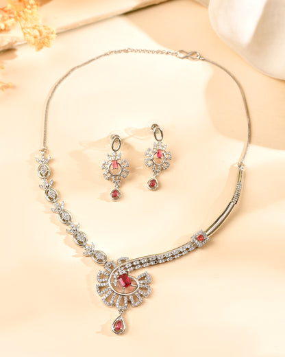 VOJ Silver Plated Ruby Red Ad Stone Studded Designer Necklace Set - Dista