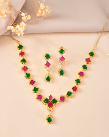 VOJ Gold Plated Green And Red Square Stone Studded Jewellery Set - Dista
