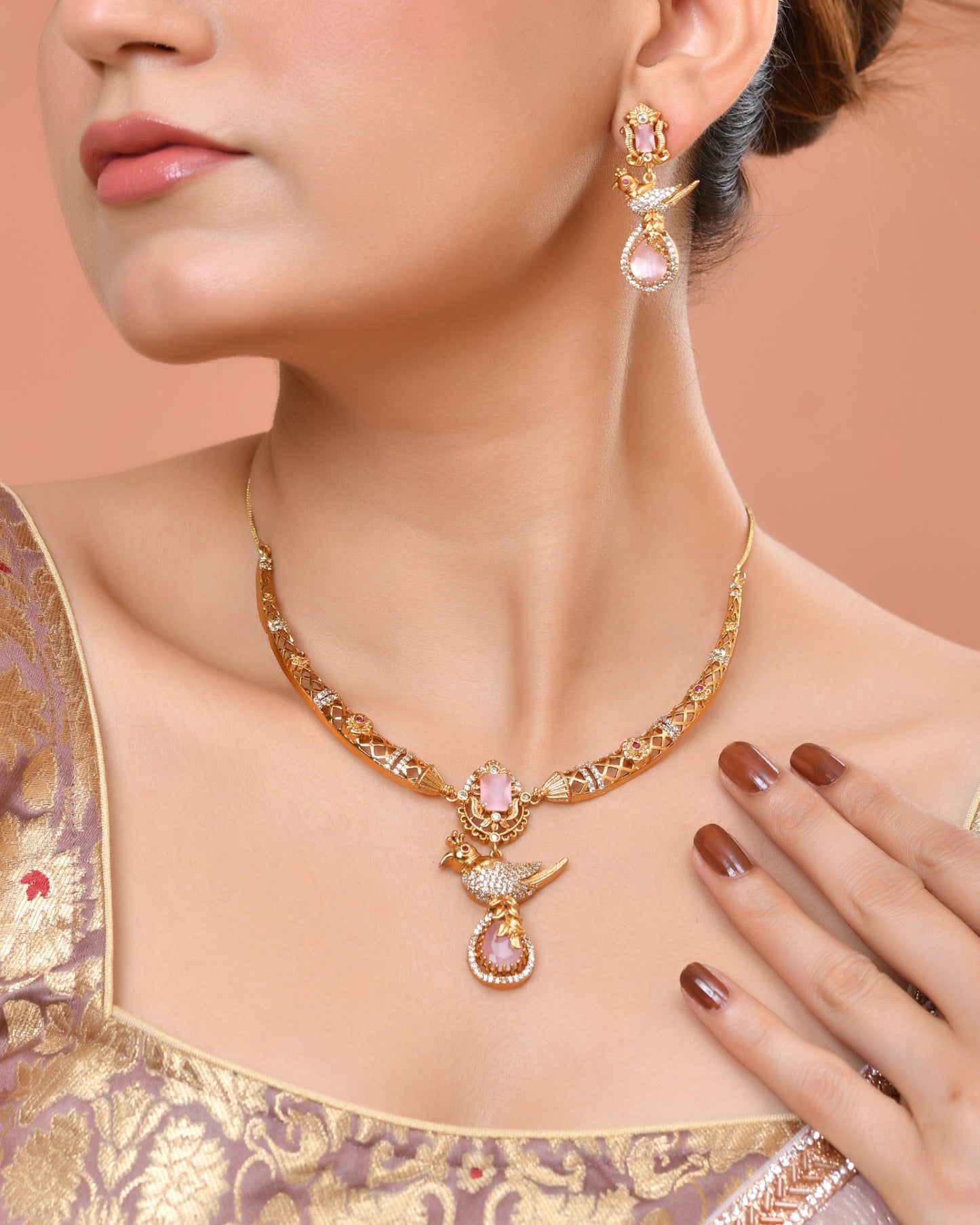 VOJ Gold Plated Bird Shaped Designer Ad Necklace Set - Dista
