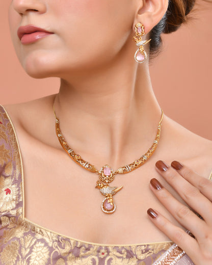 VOJ Gold Plated Bird Shaped Designer Ad Necklace Set - Dista