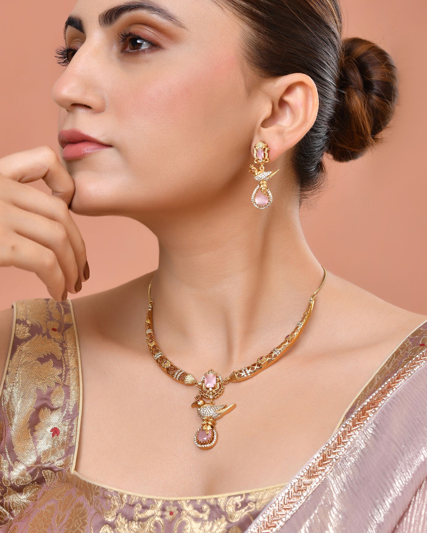 VOJ Gold Plated Bird Shaped Designer Ad Necklace Set - Dista