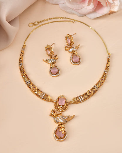 VOJ Gold Plated Bird Shaped Designer Ad Necklace Set - Dista