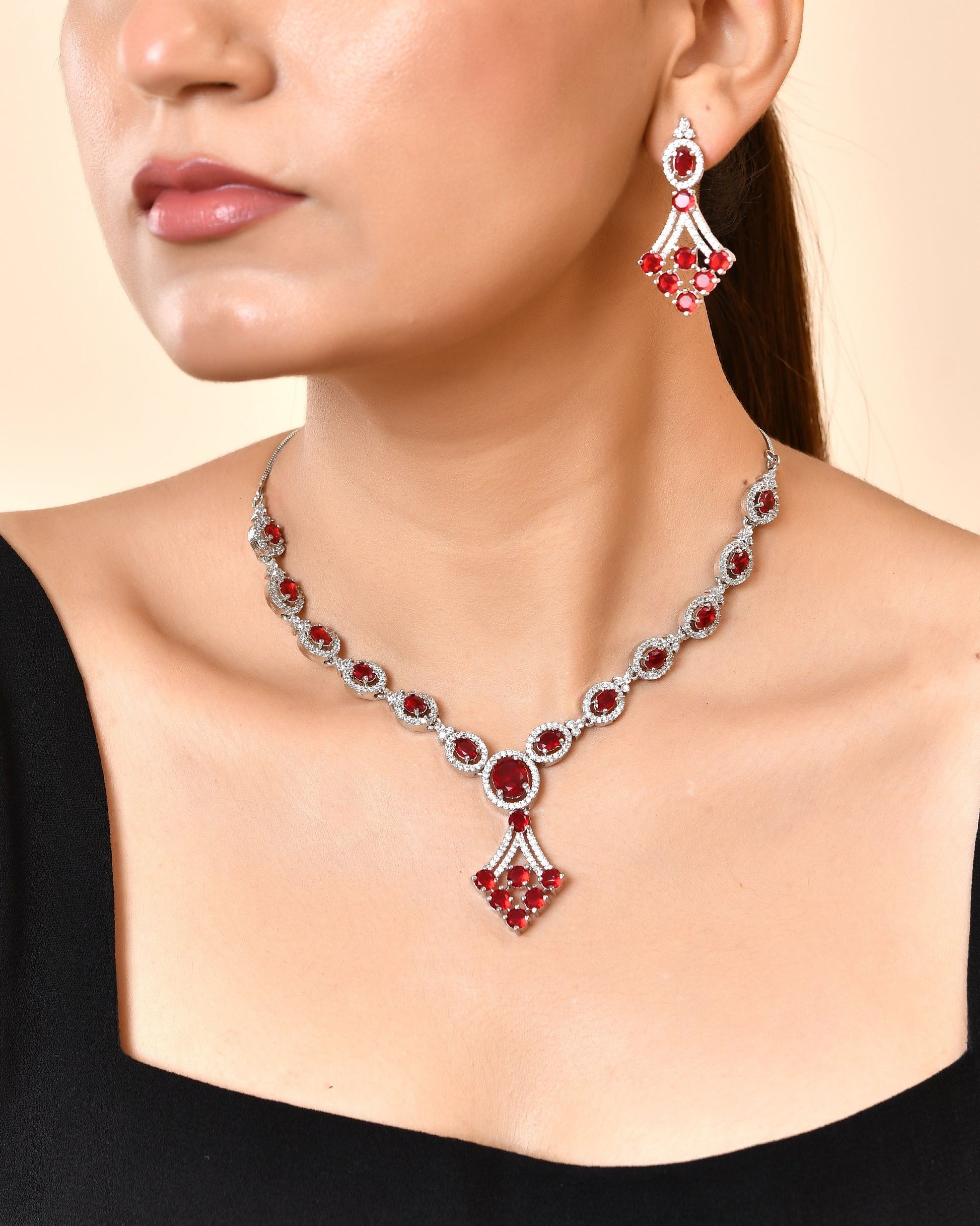 VOJ Silver Plated Ruby Red Ad Stone Studded Necklace Set - Dista
