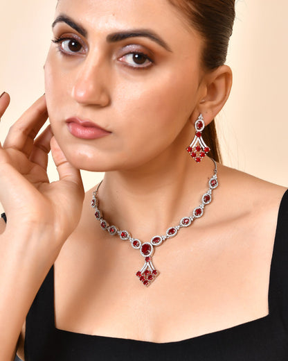 VOJ Silver Plated Ruby Red Ad Stone Studded Necklace Set - Dista