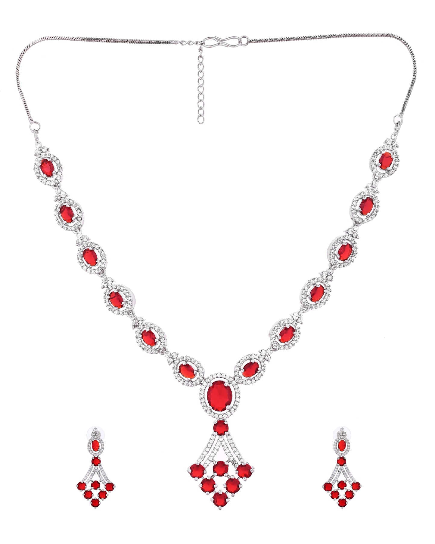 VOJ Silver Plated Ruby Red Ad Stone Studded Necklace Set - Dista