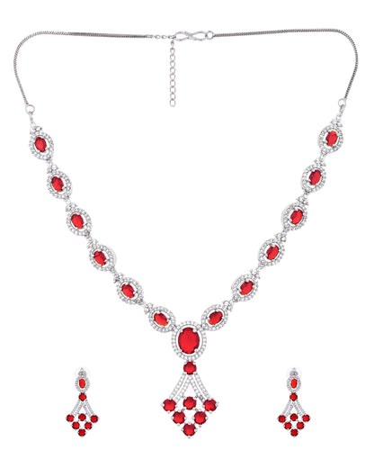 VOJ Silver Plated Ruby Red Ad Stone Studded Necklace Set - Dista