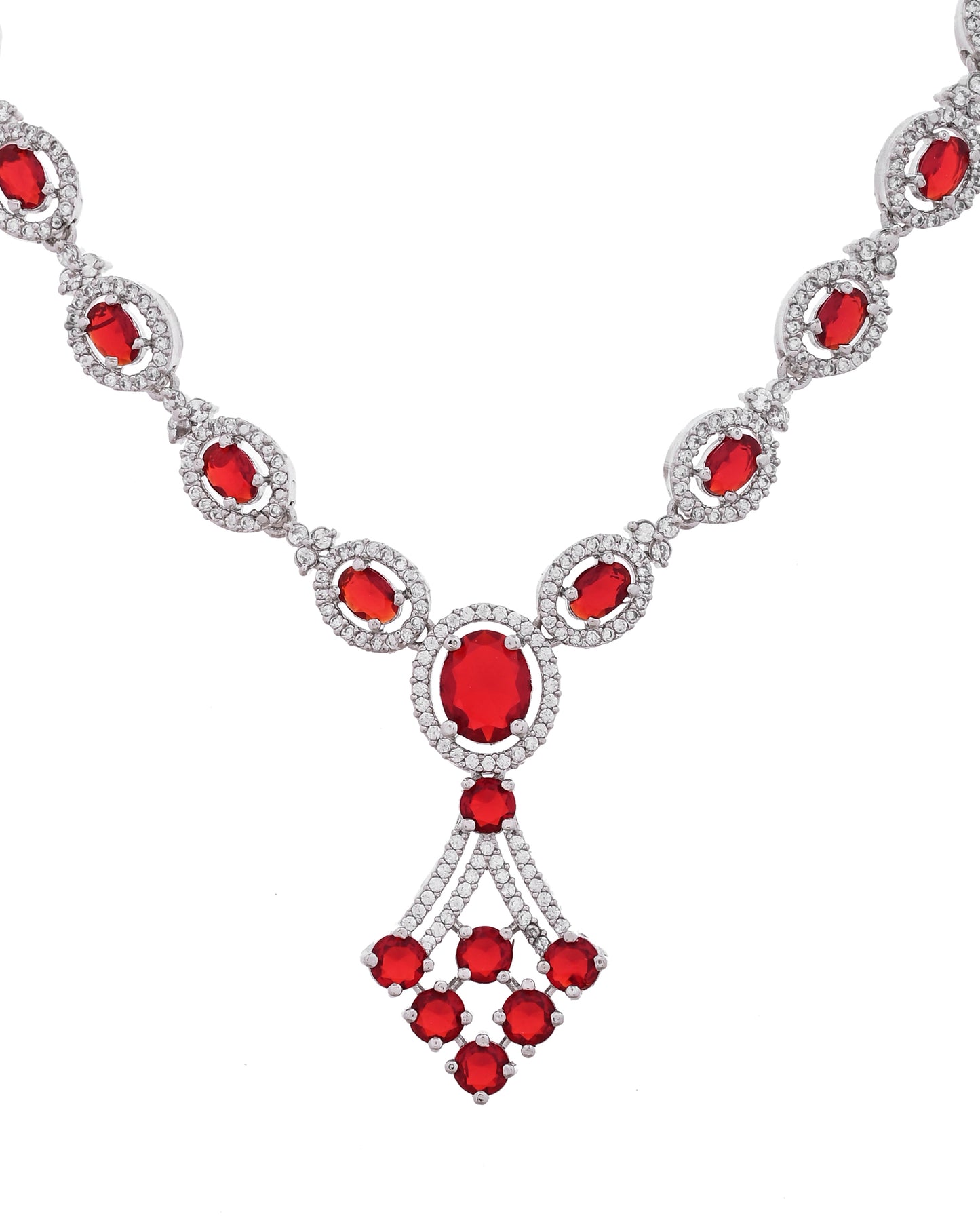 VOJ Silver Plated Ruby Red Ad Stone Studded Necklace Set - Dista