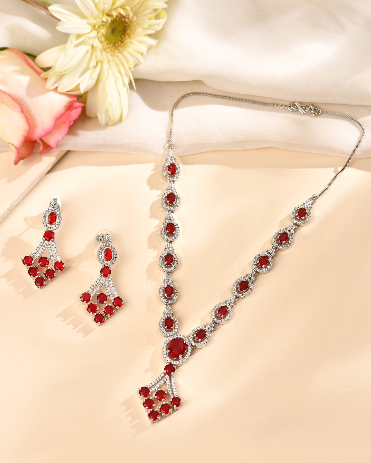 VOJ Silver Plated Ruby Red Ad Stone Studded Necklace Set - Dista