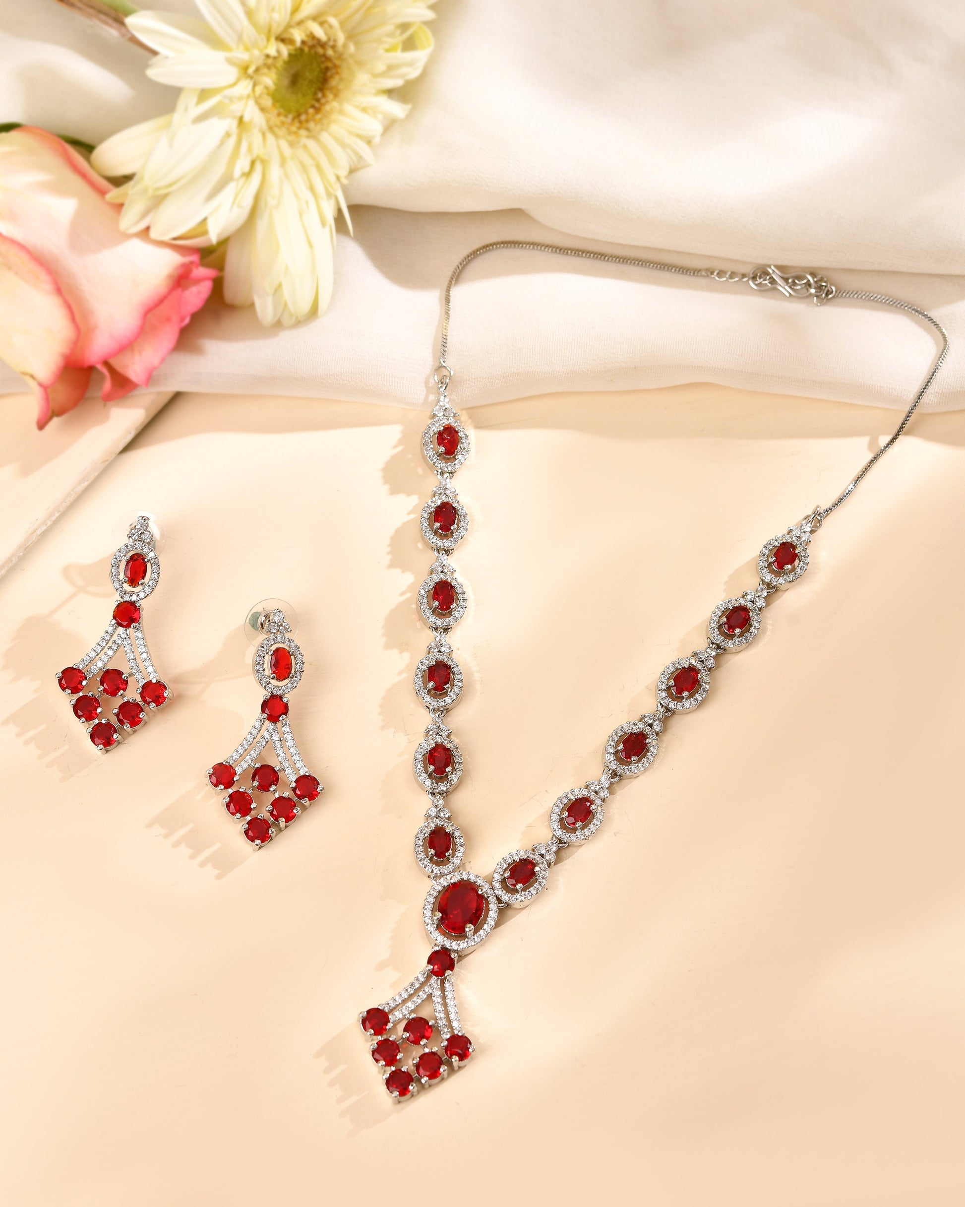 VOJ Silver Plated Ruby Red Ad Stone Studded Necklace Set - Dista