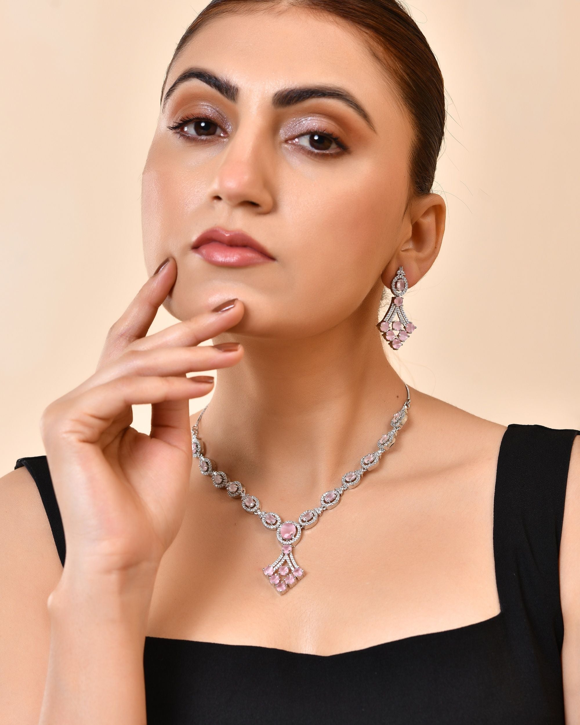 VOJ Silver Plated Baby Pink Ad Stone Studded Necklace Set - Dista