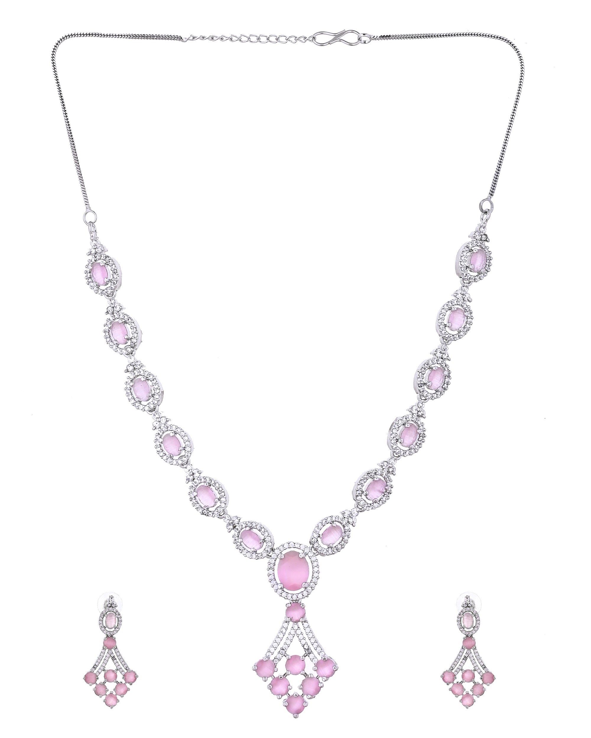 VOJ Silver Plated Baby Pink Ad Stone Studded Necklace Set - Dista