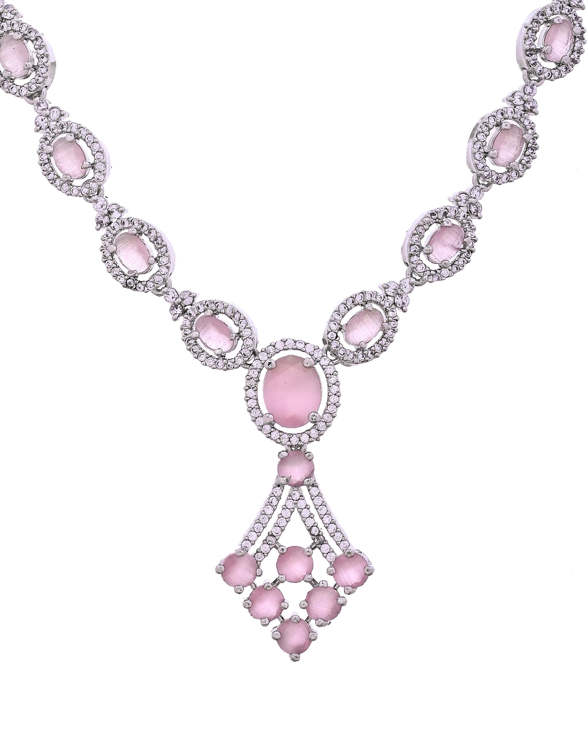 VOJ Silver Plated Baby Pink Ad Stone Studded Necklace Set - Dista