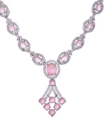 Thumbnail for VOJ Silver Plated Baby Pink Ad Stone Studded Necklace Set - Dista