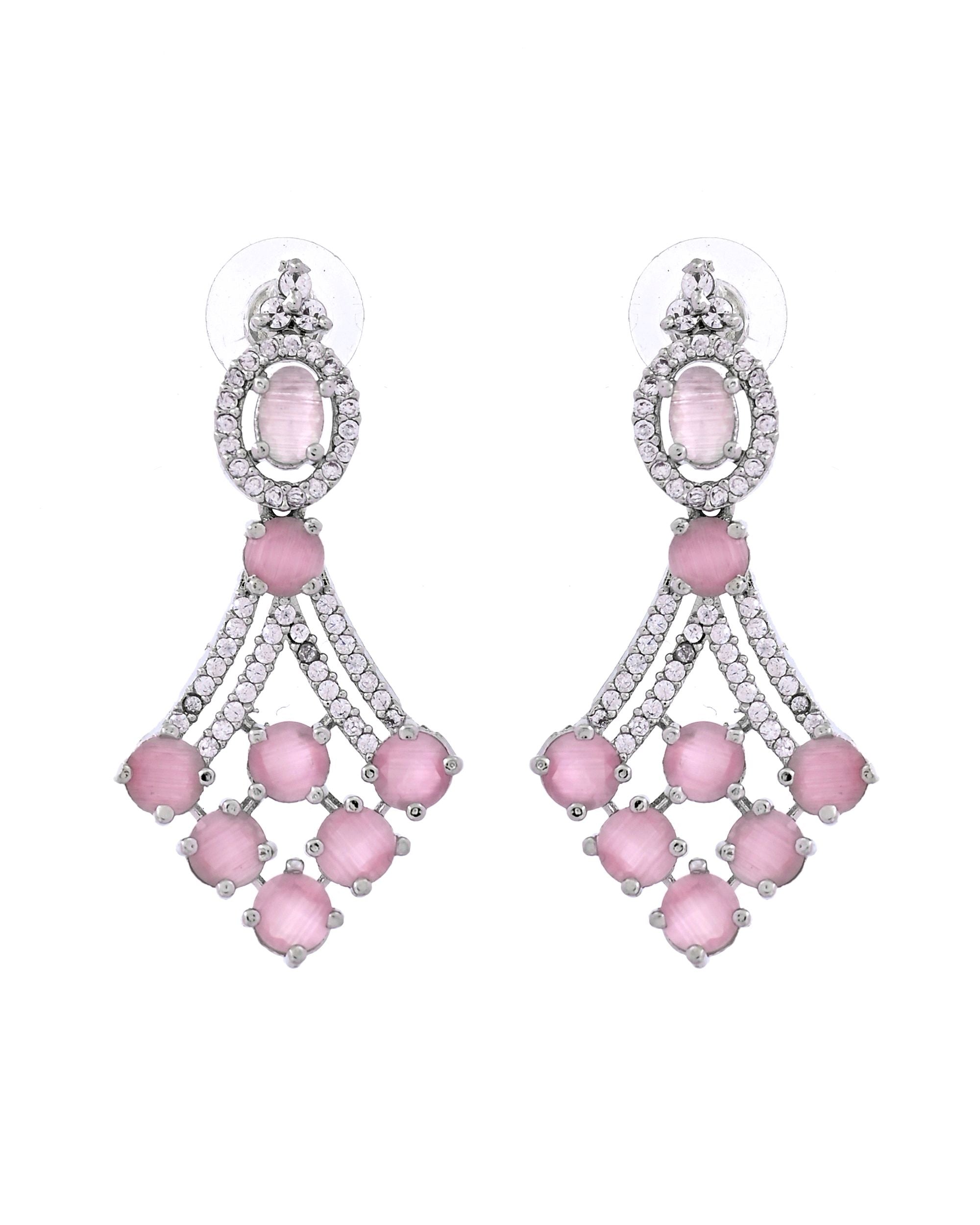 VOJ Silver Plated Baby Pink Ad Stone Studded Necklace Set - Dista